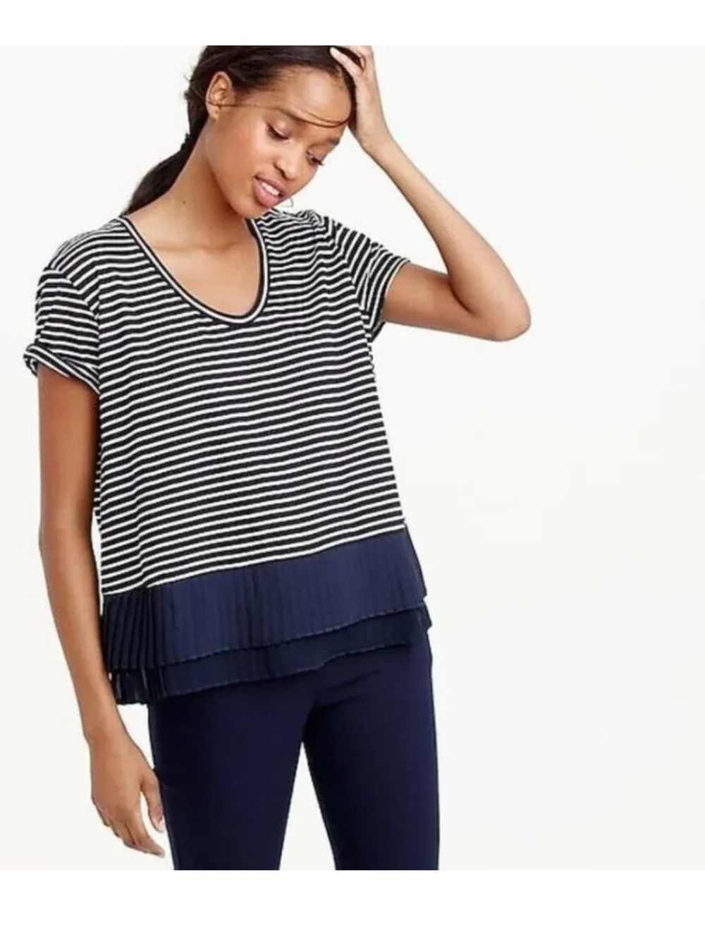 J. Crew Navy & White Striped Short Sleeve Tee with Navy Pleated Hem